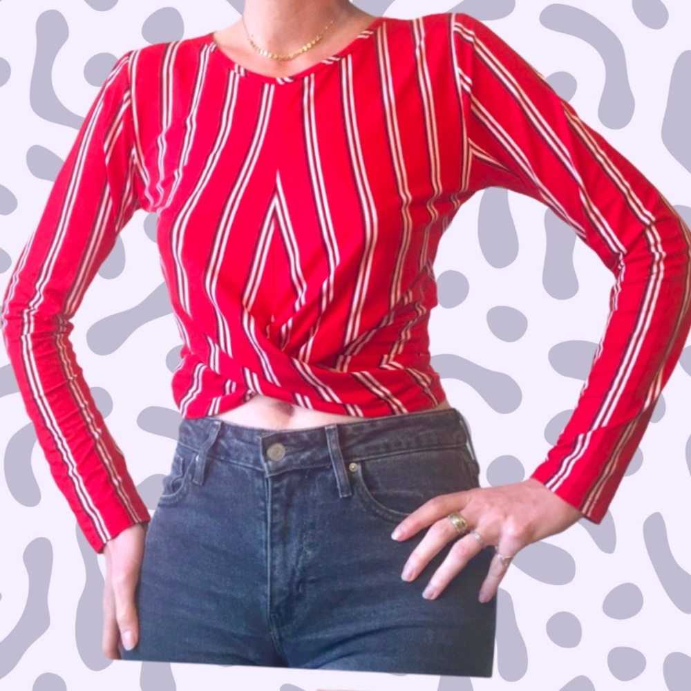 90s ‘Shoop’ Style Candy Stripe Soft Stretch Crop Top Long Sleeve Blouse Shirt